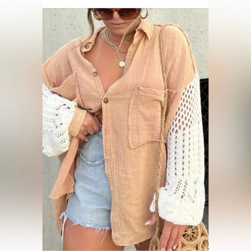 Sassy Tan button front top w/crochet sleeves